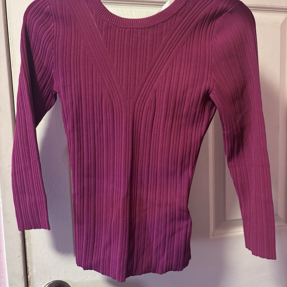 NWT 7 For All Mankind Detailed Back Rib Top Sweater Plum Purple Cutout Small S